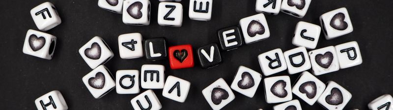 Letter Blocks, Love Symbols, Black background, Heart shape, Love text