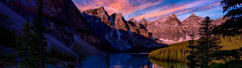 Moraine Lake, Aesthetic, Banff National Park, Valley of the Ten Peaks, Mountain range, Sunset, Alpine trees, Landscape, Scenery, 5K