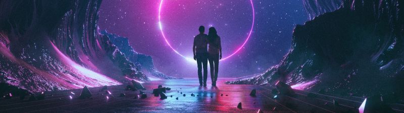 Neon, Couple, Dream, Starry sky, Rocks, Silhouette, Colorful, Aesthetic
