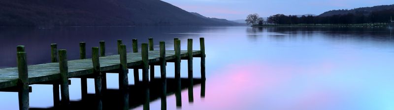 Jetty, Wooden pier, Walkway, Lake, Reflection, Body of Water, Evening sky, Landscape