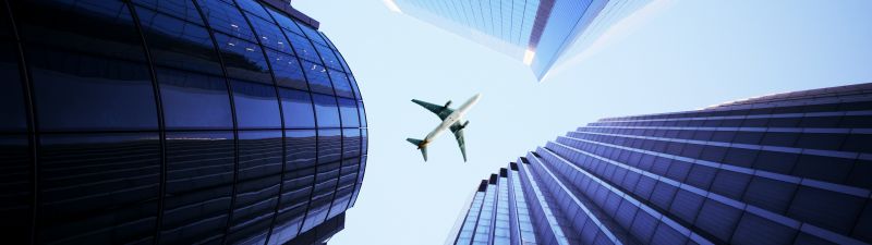 Airplane, Looking up at Sky, Skyscrapers, Daytime, High rise building, Transport aircraft, 5K