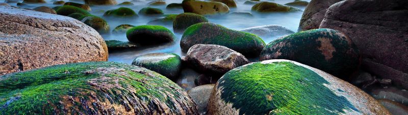 Porth Nanven, Cot Valley, Rocky coast, Beach, Green Moss, Seascape, Long exposure, Horizon, Cloudy Sky, Evening, Landscape, 5K