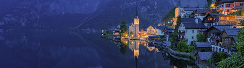 Mountains, Town, Church, Evening, Cold, Lake, Hallstatt, Austria, 5K, 8K