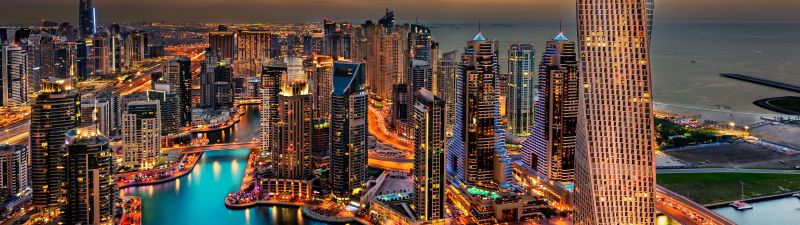 Dubai Marina, Cityscape, Skyline, Skyscrapers, Buildings, City lights, Sunset, Night, Dubai, 5K