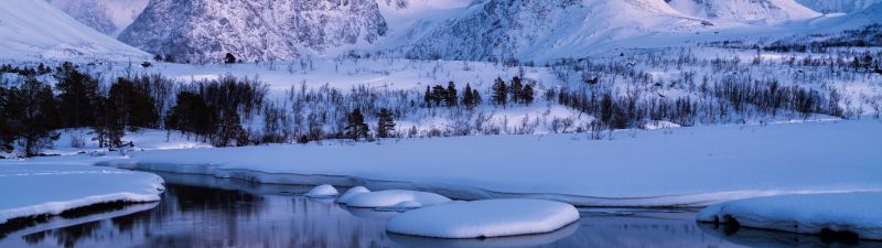 Winter Mountains, Landscape, Lake, Cold, Snow covered, Scenery, Norway, 5K