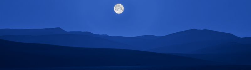 Full moon, Silhouette, Mountain range, Night sky, Landscape, 5K