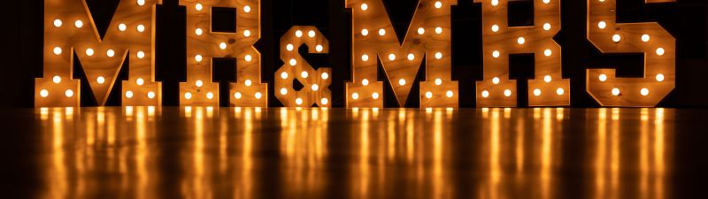 Mr&Mrs, Signage, Reflection, Lights, Black background, Wedding Day, Letters, 5K