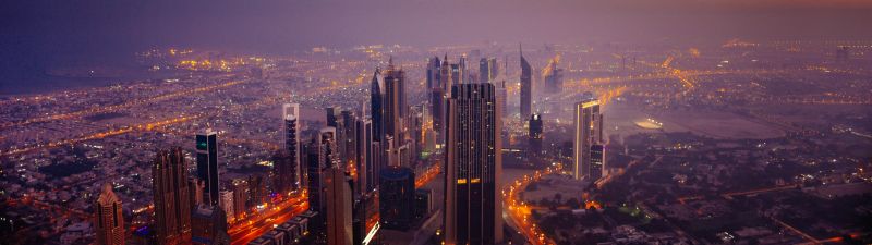 Dubai City Skyline, Cityscape, Aerial view, Skyscrapers, High rise building, Sunrise, Dawn, City lights, 5K