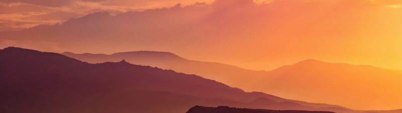 Sunset, Mountain range, Silhouette, Landscape, Orange sky, Clouds, Sun light, 5K