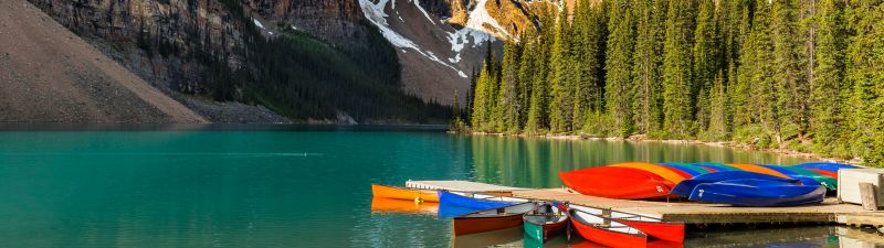 Moraine Lake, Kayak boats, Multicolor, Mountain range, Snow covered, Daytime, Cloudy Sky, Landscape, Scenery, Beautiful, Green Trees, 5K