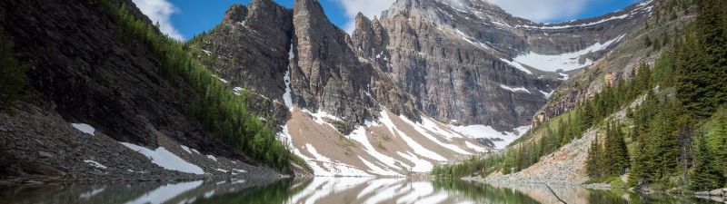 Lake Agnes, Canada, Mountains, Blue Sky, Snow covered, White Clouds, Reflection, Landscape, Scenery, 5K