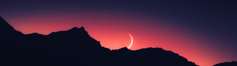 Sunset, Mountain silhouette, Crescent Moon, Night time, Landscape, 5K