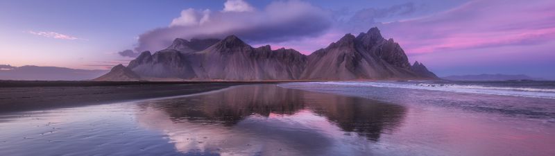 Vestrahorn mountain, Iceland, Sunset, Cloudy Sky, Body of Water, Reflection, Scenery, Landscape, 5K, Stokksnes