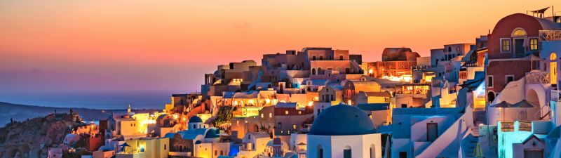 Oia, Santorini, Greece, Sunset, Panoramic, Colorful Sky, Blue Dome Buildings, Vibrant, 5K