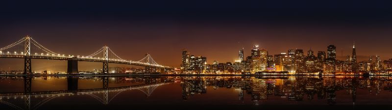 San Francisco-Oakland Bay Bridge, City Skyline, Cityscape, Night time, City lights, Body of Water, Reflection, Skyscrapers, 5K, 8K