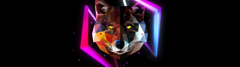 Wolf, Wild, Low poly, Artwork, AMOLED, Black background, Neon, Multicolor