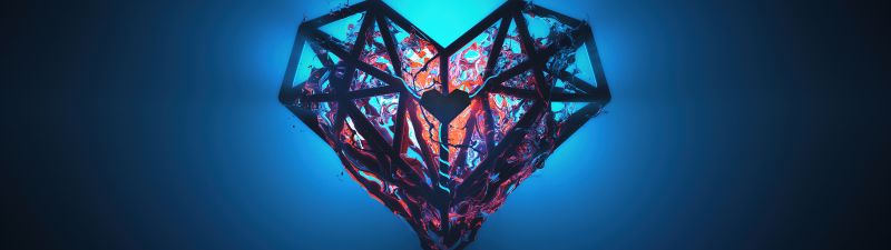 Heart, Low poly, Artwork, Glow, Blue background, Heartbeat