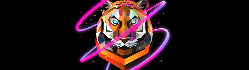 Tiger, Low poly, Artwork, AMOLED, Black background, Neon, Simple