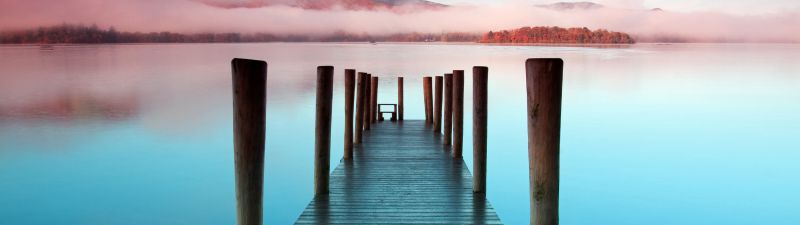 Wooden pier, Scenic, Sunrise, Morning, Seascape, River, Lake, Mist, 5K