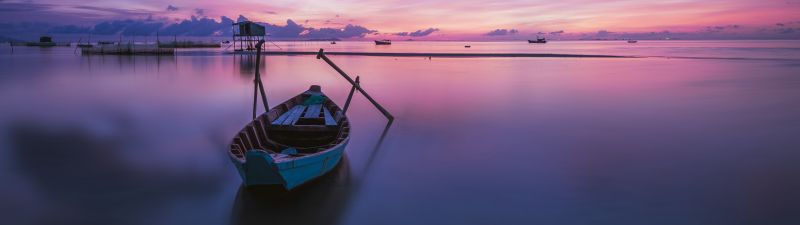 Phu Quoc Island, Sunrise, Vietnam, Purple sky, Scenery, Wooden boat, Dawn, Horizon, Landscape, Wide Angle, Body of Water, Reflection