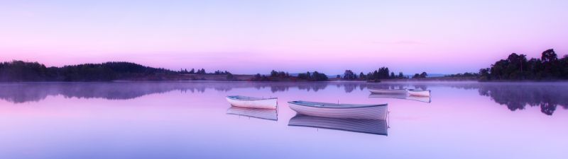 Loch Rusky, Scotland, Wee Boats, Early Morning, Mirror Lake, Reflection, Body of Water, Clear sky, 5K
