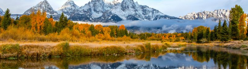 Grand Teton National Park, Aesthetic, Mountains, Teton mountain range, Autumn, Lake, Reflection, Blue Sky, Landscape, Scenery