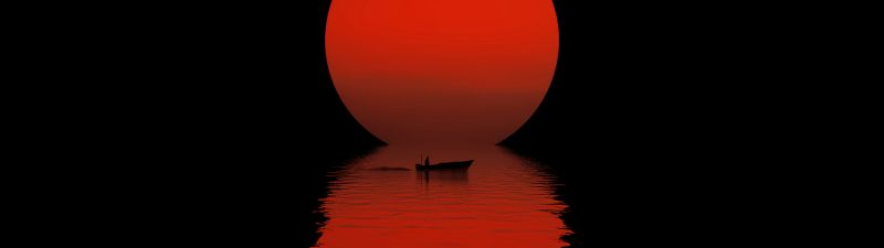 Sun, Boat, Reflection, Night, Silhouette, Dark, Body of Water, AMOLED, 5K, 8K, Simple