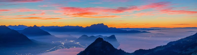 Rigi Hochflue, Afterglow, Golden hour, Switzerland, Fog, Mountain range, Dusk, Landscape, Scenery, 5K