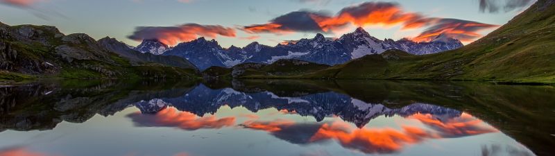 Lacs de Fenêtre, Mirror Lake, Mountain range, Reflection, Sunset, Afterglow, Long exposure, Landscape, Scenery, 5K