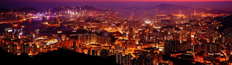 Hong Kong City, Night time, Aesthetic, Skyline, Sunset, Cityscape, Aerial view, City lights, Dusk, Horizon, Clear sky, Skyscrapers, 5K