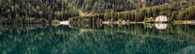 Scenic, Mountain lake, Reflection, House, Green Trees, Body of Water, Landscape, Scenery, 5K