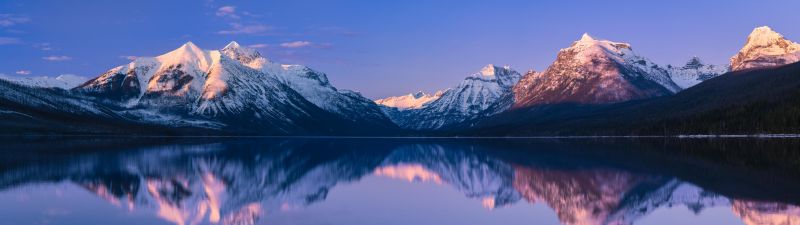 McDonald Lake, Glacier National Park, Snow covered, Mountain range, Reflection, Landscape, Scenery, Body of Water, Panoramic, 5K
