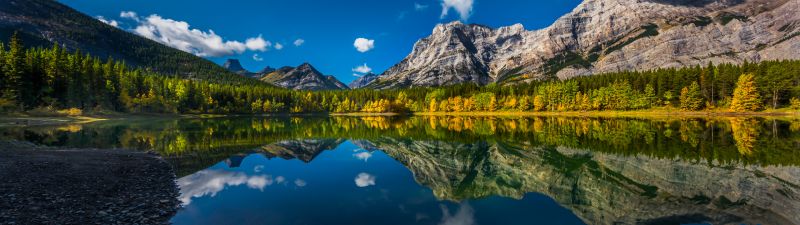 Wedge Pond, Canada, Clear sky, Reflection, Mountains, Green Trees, Landscape, Scenery