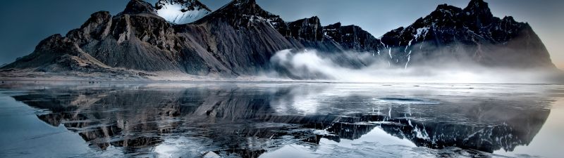 Vestrahorn, Iceland, Frozen lake, Mountain Peak, Mist, Winter, Reflection, Landscape, Scenery, 5K, Stokksnes