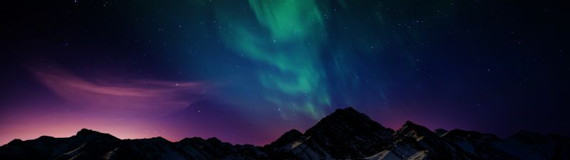 Aurora Borealis, Scenic, Northern Lights, Mountain range, Night time, Starry sky, Landscape, 5K