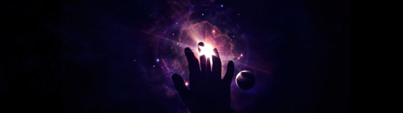 Hand, Looking up at Sky, Galaxy, Nebula, Planets, Purple background, Dark background, Stars, Night