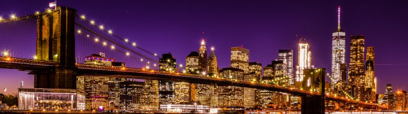 Brooklyn Bridge, Night time, New York City, Skyline, Cityscape, City lights, Waterfront, Reflection, Skyscrapers, Purple sky, Sunset, Long exposure, 5K