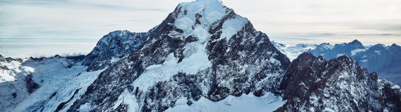 Mount Cook, Peak, Snow covered, Mountains, New Zealand, 5K