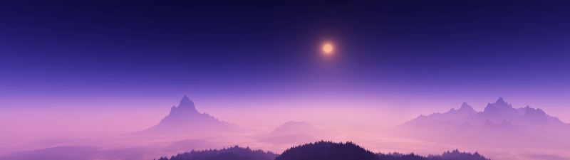 Moon light, Foggy, Night time, Aerial view, Landscape
