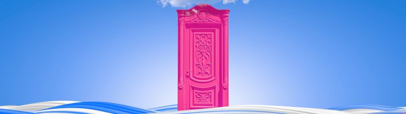 Pink door, Clouds, Waves, Colorful, Blue Sky, Bliss, Surreal