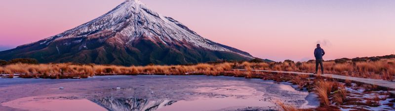 Mount Taranaki, New Zealand, Snow covered, Frozen lake, Reflection, Mountain Peak, Landscape, Scenery, Clear sky, Dusk, 5K
