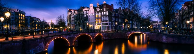 Amsterdam, Netherlands, Cityscape, Night time, City of Water, Reflection, Blue Sky, 5K