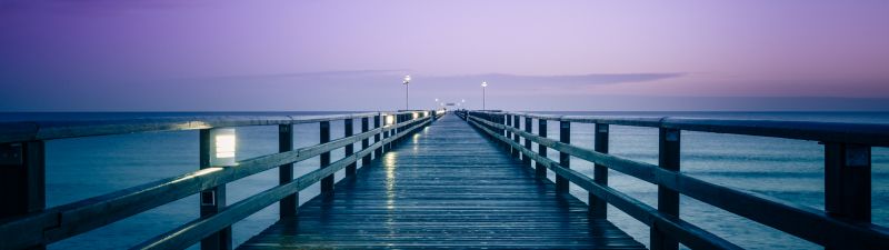 Prerow Pier, Germany, Seascape, Dusk, Purple sky, Body of Water, Baltic Sea, Sunrise, Horizon, 5K