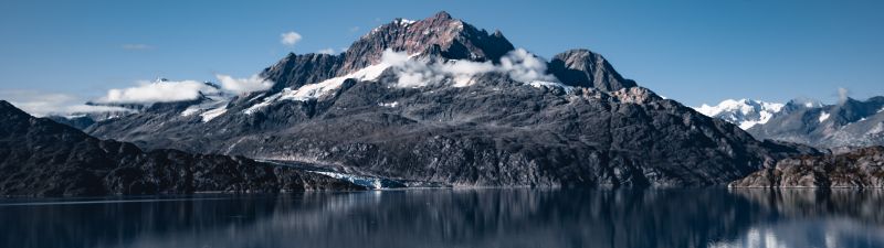 Mount Copper, Lamplugh Glacier, Glacier Bay National Park, Alaska, Famous Place, Clear sky, Body of Water, Reflection, Landscape, Mountain range, 5K, 8K