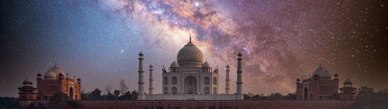 Taj Mahal, UNESCO World Heritage Site, Agra, India, Starry sky, Milky Way, Yamuna River, Reflection, Evening sky, 5K