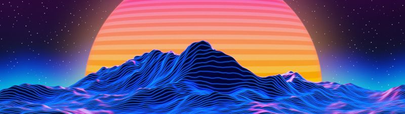 Mountains, RetroWave art, Landscape, Neon, 5K