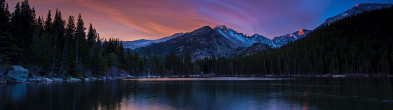 Bear Lake, Colorado, Rocky Mountain National Park, Sunset, Reflection, Forest, Landscape, 5K