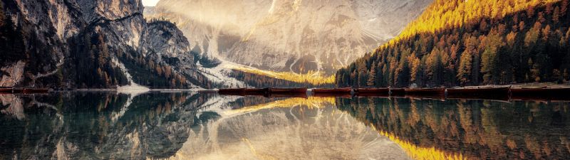 Pragser Wildsee, Scenic, Lake, Dolomite mountains, Italy, Scenery, Reflections, 5K, 8K