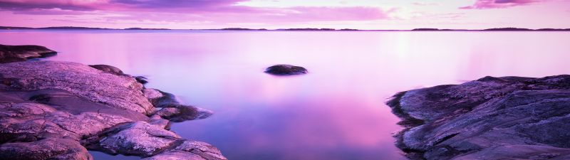 Sunset, 8K, Scenery, Rocks, Lake, Purple sky, Pink