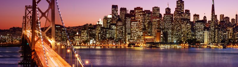 Golden Gate Bridge, 8K, Suspension bridge, San Francisco, California, Cityscape, Skyline, Night City, Twilight, 5K